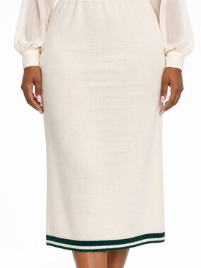 Cream Knit Midi Skirt with Contrast Trim